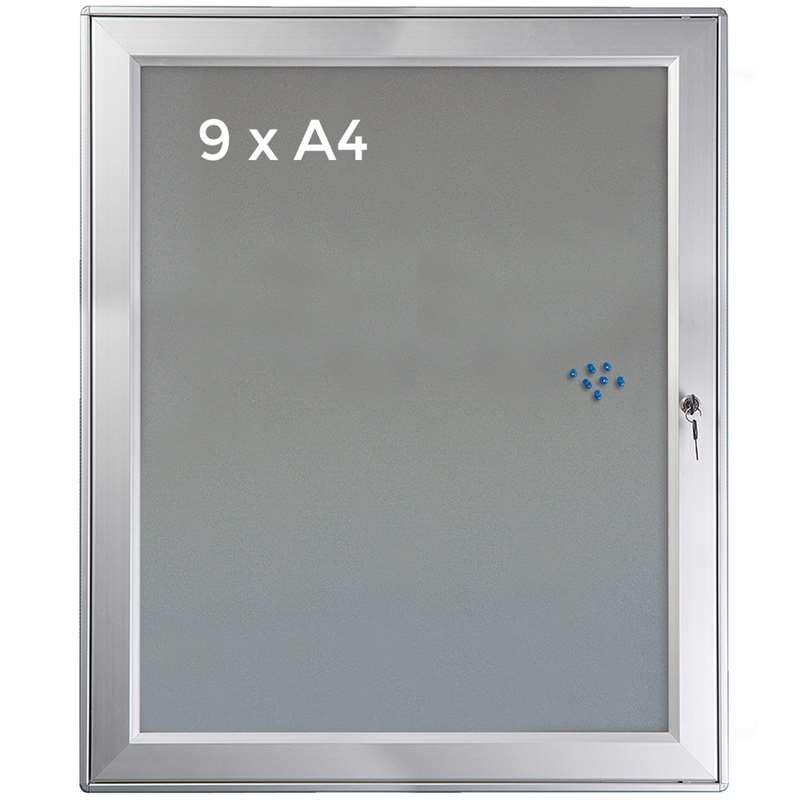 Udhængsskab/infoboks med lås og filt-bagplade, sølv - 9xA4