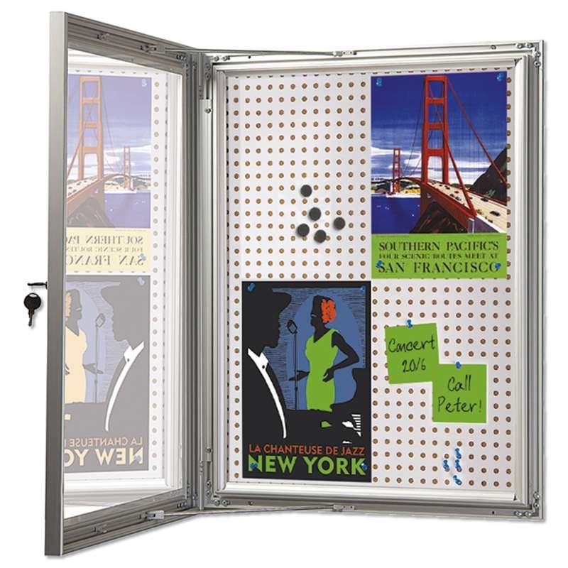 Kombi udhængsskab/infoboks med lås og stål/kork-bagplade, sølv - 4xA4