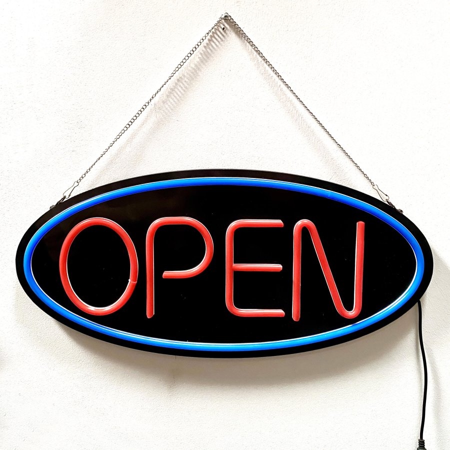 LED Open skilt med lys, sort skilt med r&oslash;d og bl&aring; neon