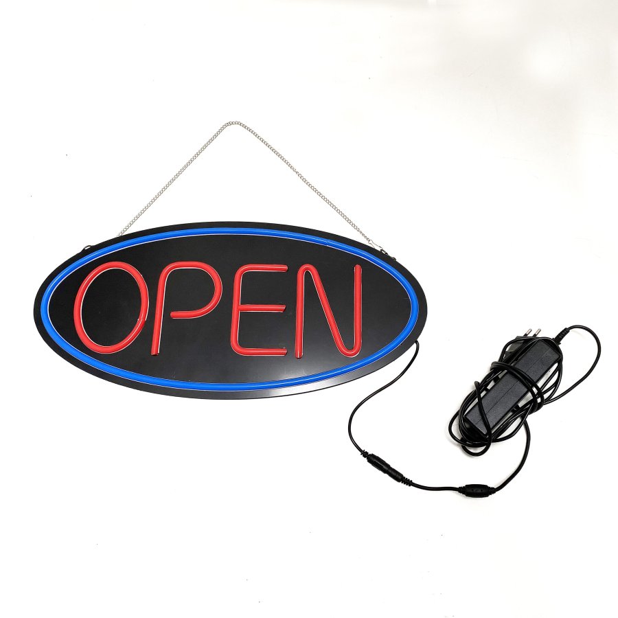 LED Open skilt med lys, sort skilt med r&oslash;d og bl&aring; neon