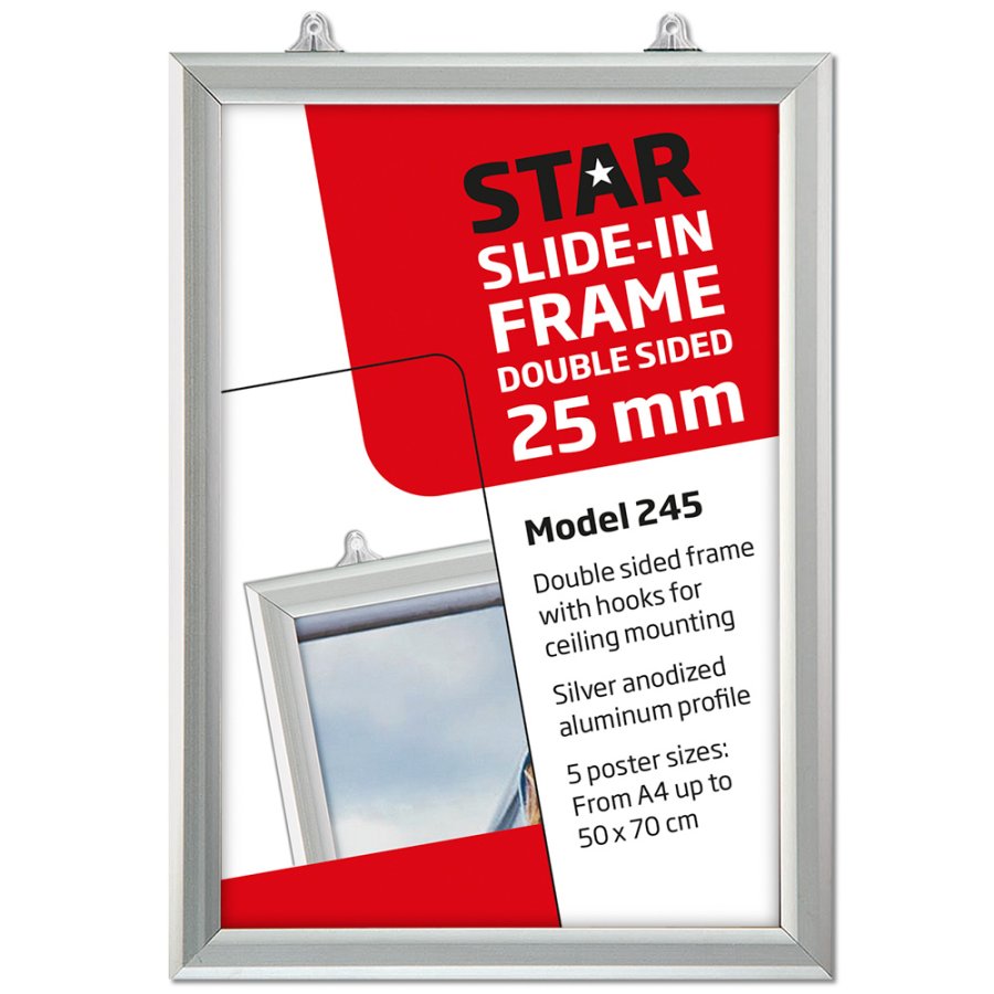 Slide-in ramme dobbeltsidet vertikal, med 25mm aluminium profil, s&oslash;lv - A1