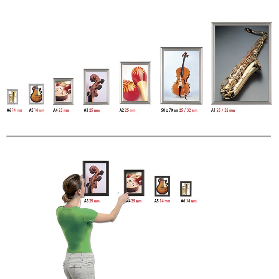 Opti Klikramme med 25mm aluminium profil, s&oslash;lv - 50x70 cm