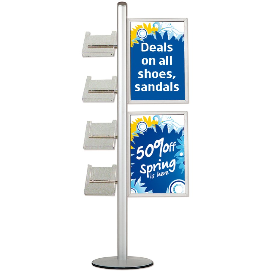 Infostander, MultiStand, enkeltsidet, 4 A4 hylder, 2 slide-in rammer, B2 - 50 x 70 cm