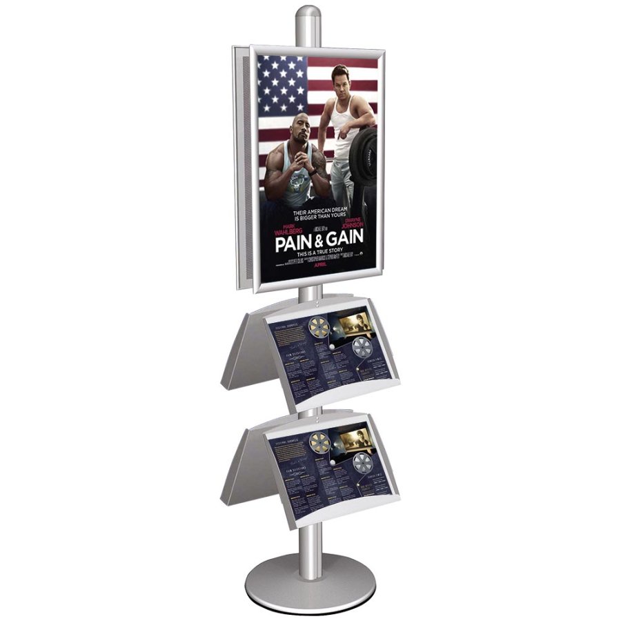Infostander, MultiStand, dobbeltsidet, 4 st&aring;lhylder, 2 klikrammer, 60 x 85 cm