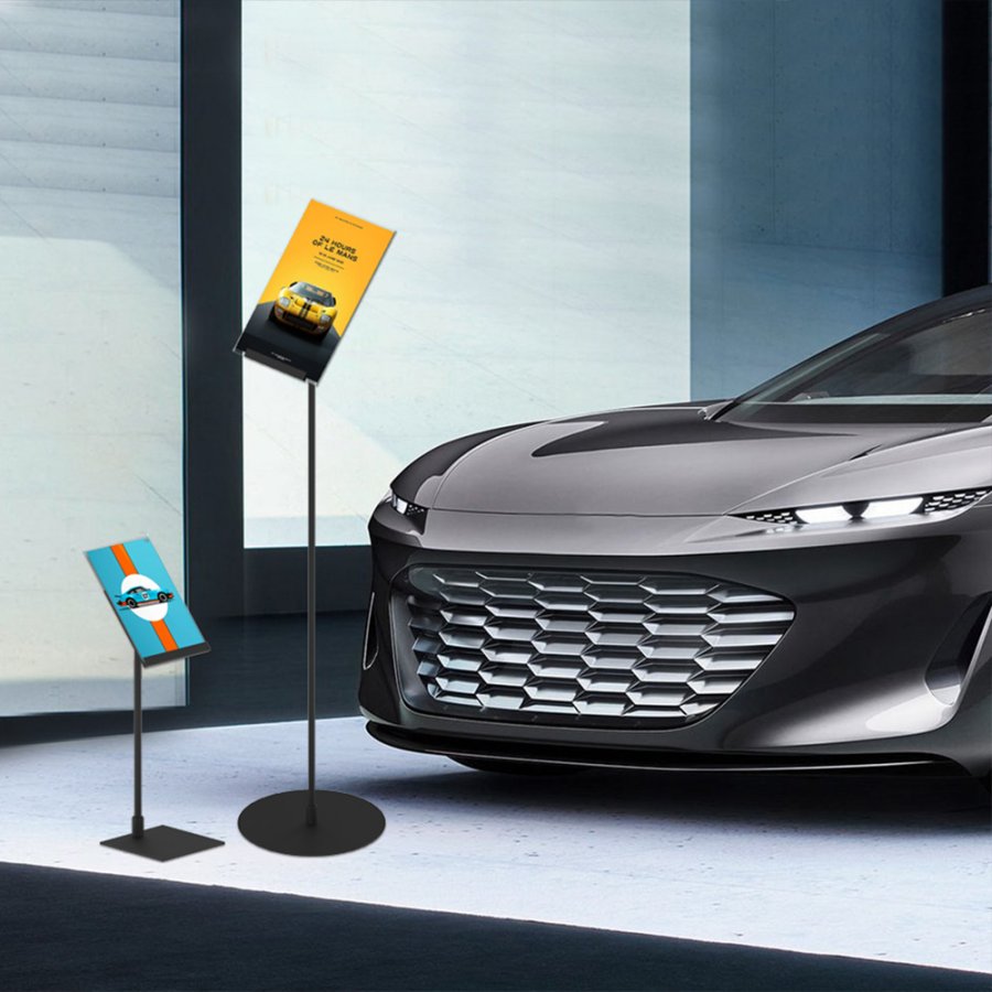 Design Stand, gulv skilt med 50 grader vinklet holder, horisontal A4 akrylholder