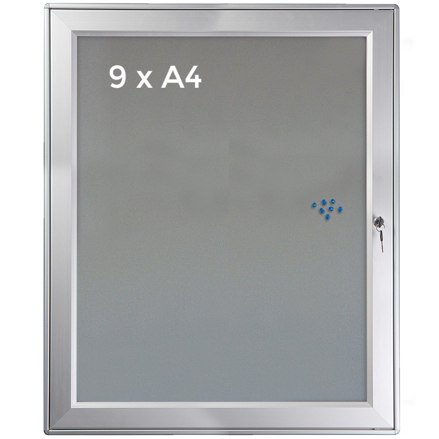 Udh&aelig;ngsskab/infoboks med l&aring;s og filt-bagplade, s&oslash;lv - 9xA4