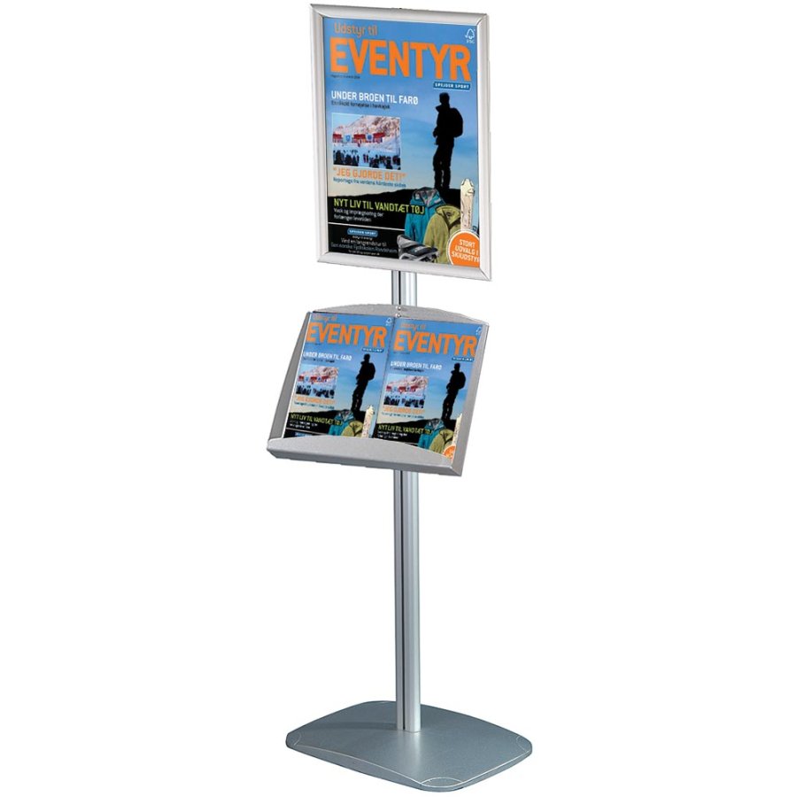 Infostander, Mini MultiStand, enkeltsidet, klikramme og st&aring;lhylde, A4 - 21 x 29,7 cm