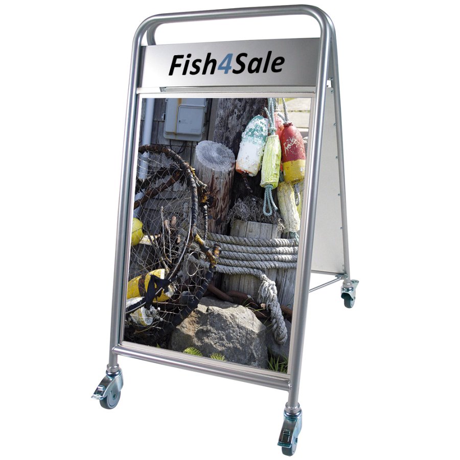 Expo Sign Lux Gadeskilt med logoplade og hjul - s&oslash;lv - A1