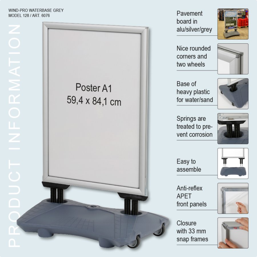 Gadeskilt, Wind-Pro Waterbase, 33 mm, S&oslash;lv, A1 - 59,4 x 84,1 cm