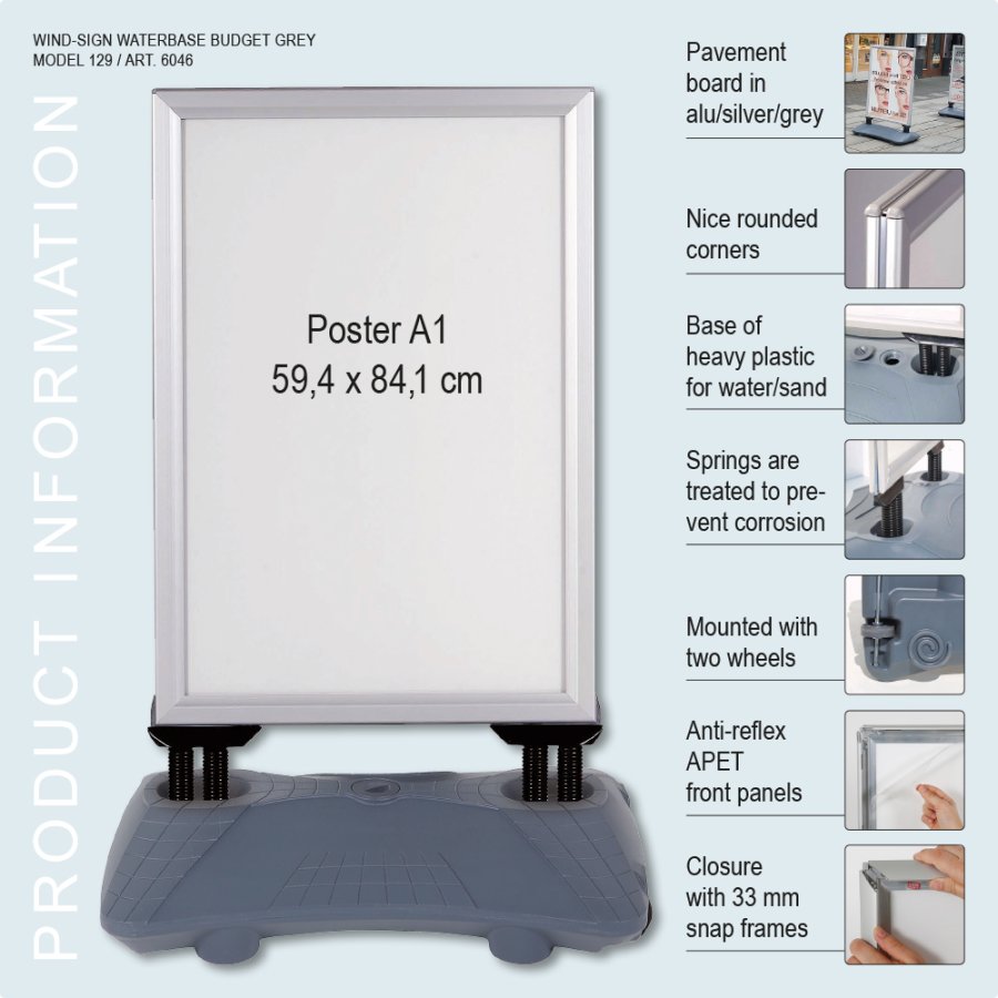 Gadeskilt, Wind-Sign Waterbase Budget, 40 mm profil, S&oslash;lv, A1 - 59,4 x 84,1 cm