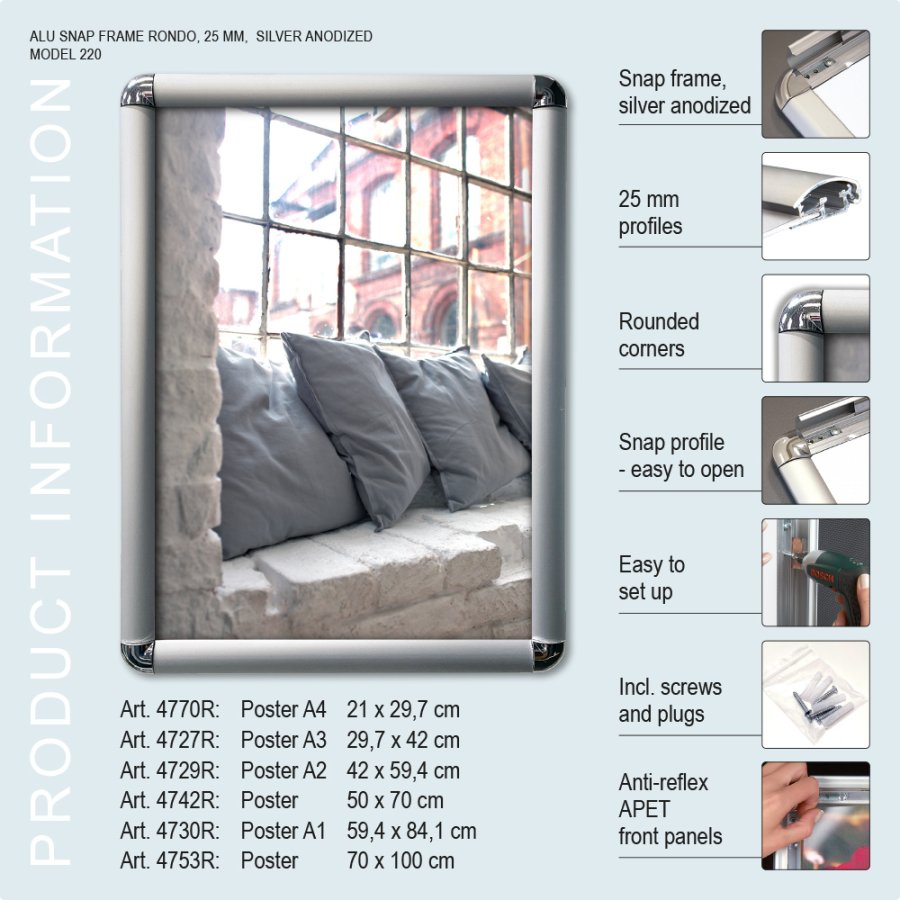 Klikramme, Rondo, s&oslash;lv, 25 mm aluminiumsprofil, A1 - 59,4 x 84,1 cm