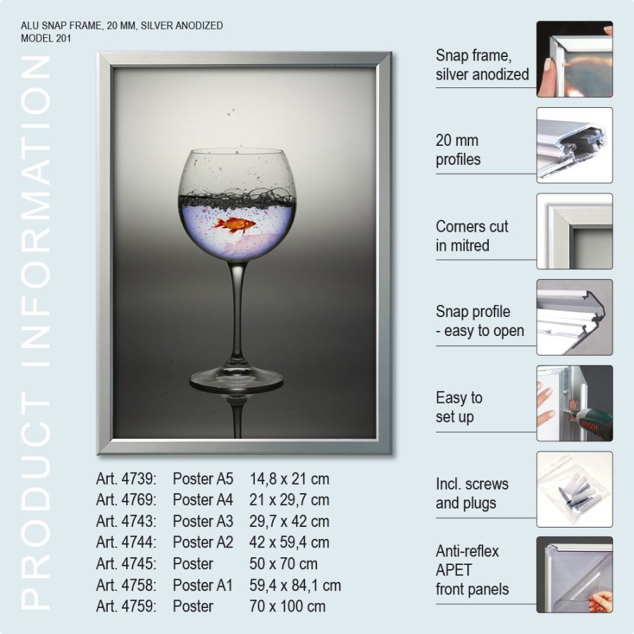 Klikramme, 20 mm aluminium fladprofil, s&oslash;lv, A3 - 29,7 x 42 cm