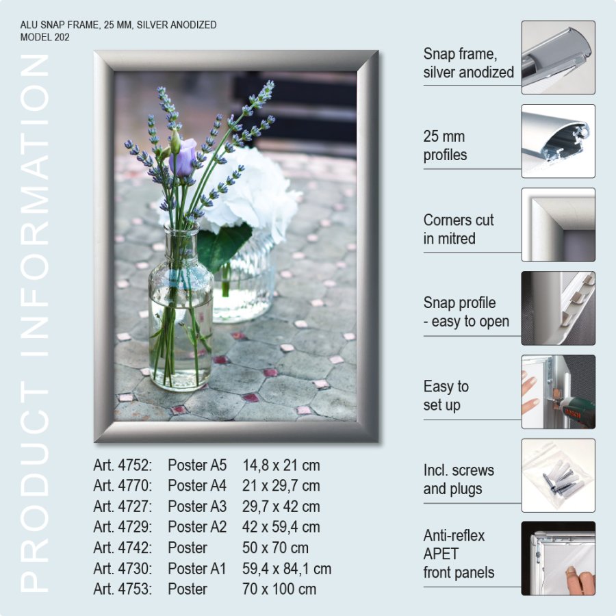 Klikramme, 25 mm profil, S&oslash;lv, A5 - 14,8 x 21 cm