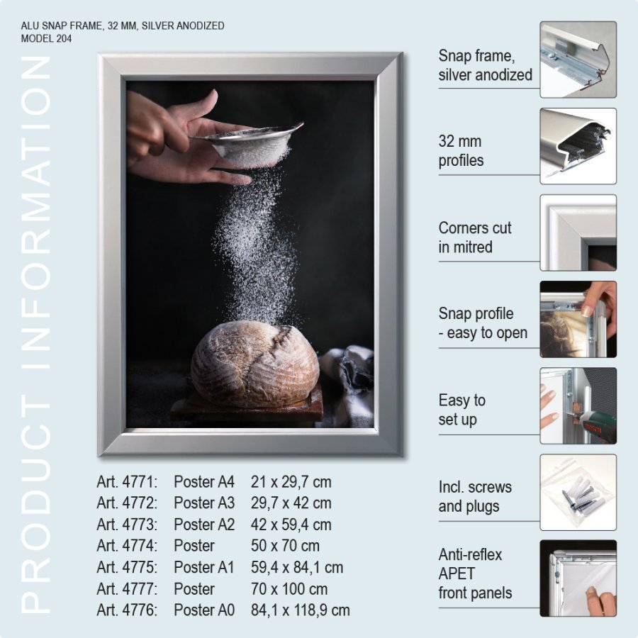 Klikramme, 32 mm profil, S&oslash;lv, A0 - 84,1 x 118,9 cm