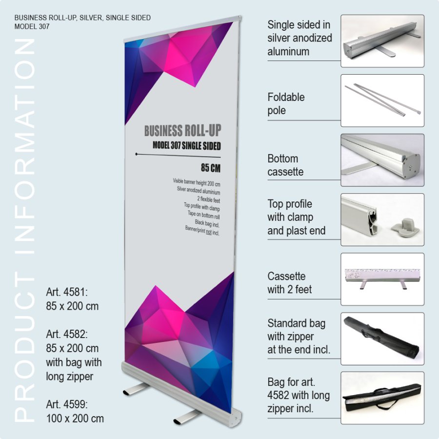 Roll-up kassette, Business, enkeltsidet, alu, inkl. taske, 85 cm